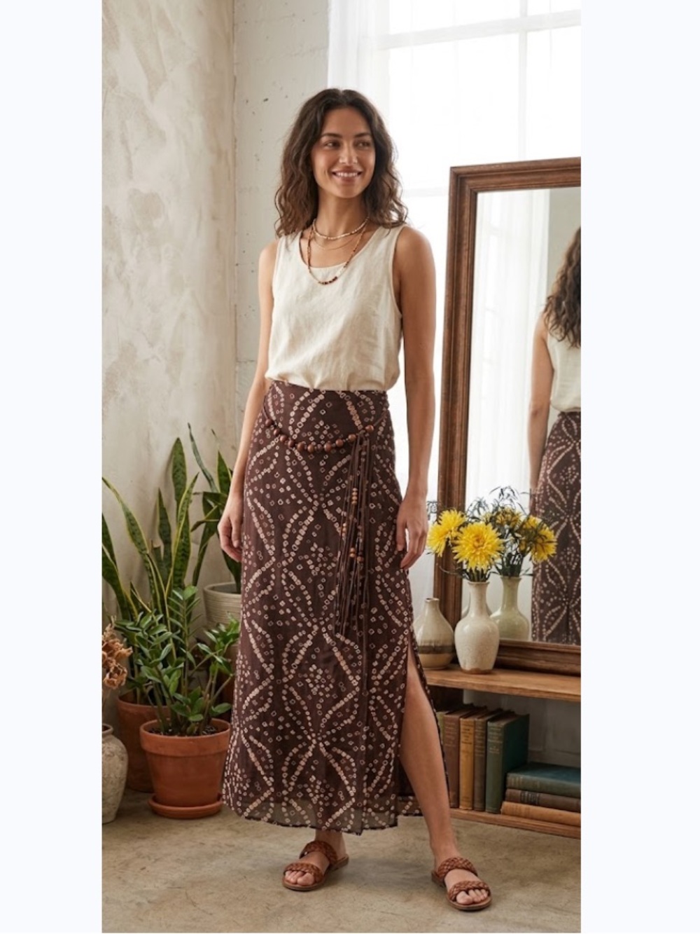 Vintage Magazine Brown Printed Maxi Wrap Skirt with beaded Tie Waist Sz S